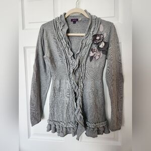 Gray Ruffled Cardigan with Floral Accents